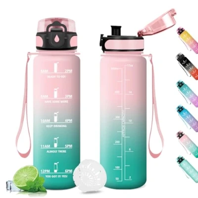 Imagen de Botella Agua Deportiva 500ml, Cantimplora Prueba de Fugas, con Marca Tiempo, Reutilizable, Deporte, para Running, Gimnasio, Cámping, Sport, Yoga