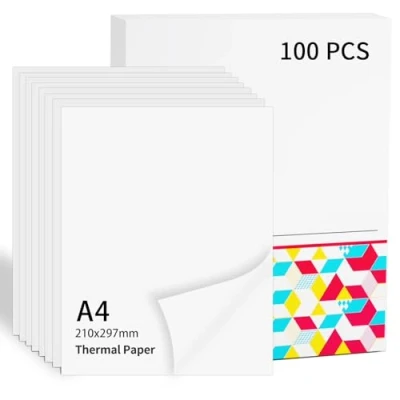 Imagen de Papier Thermique a4 Compatible con Phomemo M08F/M832/M833/M834/M835 Impresora Móvil, 10 años de Papel Térmico 210 x 297 mm, Termico Para Contratos, Fotos, Tareas, 100 Hojas