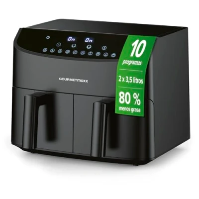 Imagen de GOURMETmaxx freidora de doble cámara 2 x 3,5 L acero inoxidable con zonas cocción sincronizadas, función temporizador y pantalla táctil freír ahorrando energía 10 programas