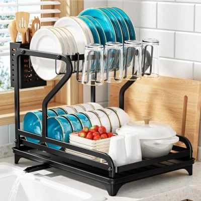 Imagen de BKXCHA Escurreplatos,Estante de Dish Escurreplatos Acero Inoxidable Cocina,Platos Que Ahorra Espacio,escurridor Platos Cocina con Tabla Drenaje Negro