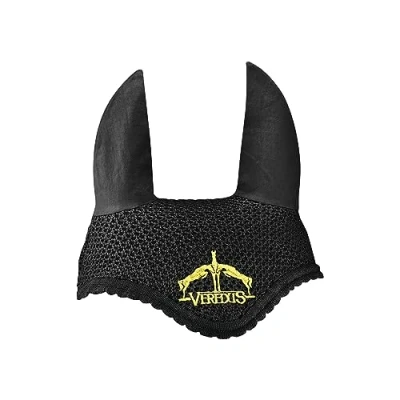 Imagen de Gorro antimoscas para caballos hecho a mano, de algodón lavable y transpirable, con logotipo Veredus en la parte delantera, negro/dorado