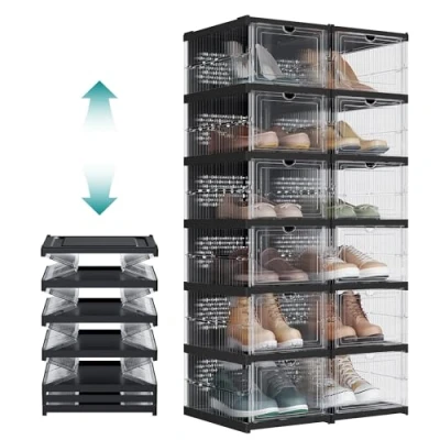 Imagen de SONGMICS Cajas para Zapatos, Juego de 6 Organizadores Apilables Zapatero Plegable y Portátil, hasta talla 46, Montaje en 60s, Transparente Negro Tinta LSP205B01