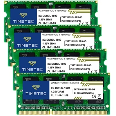 Imagen de Timetec 32GB Kit (4x8GB) DDR3L/DDR3 1600 MHz PC3L 12800 / PC3 Sin ECC búfer 1,35 V/1,5 V CL11 2Rx8 Dual Rank 204 Pin SODIMM Laptop Notebook PC Memoria RAM Módulo (32GB Kit(4x8GB))
