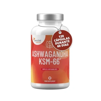 Imagen de Ashwagandha KSM 66 600 mg Extracto de Raíz Altamente Dosificado con 5% Withanólidos 120 Cápsulas Veganas para 60 días Sensilab