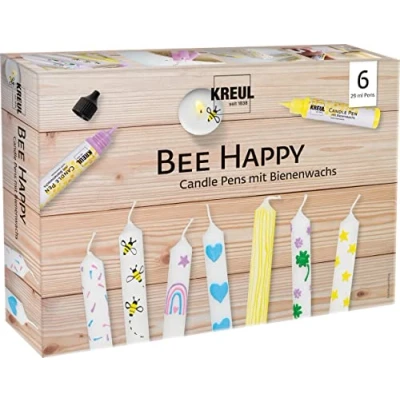 Imagen de KREUL 49757 Set de 6 rotuladores para velas Bee Happy, x 29 ml, punta fina, colores con cera abeja decorar y pintar velas, tiempo secado aprox. 8 horas