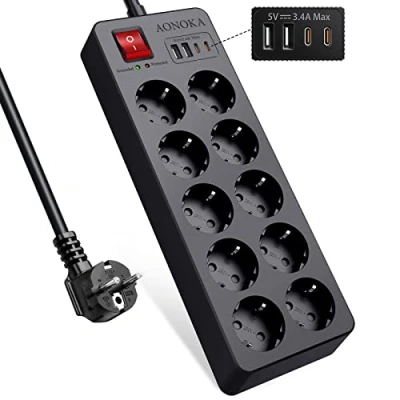 Imagen de Regletas Enchufes 10 Tomas USB C,Regleta con Interruptor, Alargador Multiples Protección contra Sobretensión y Sobrecargas, Ladron Modernos Cable 1.5m Negro