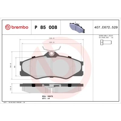 Imagen de BREMBO P 85 008 Juego de pastillas freno excl. contacto avisador desgaste con tornillos pinza sin accesorios