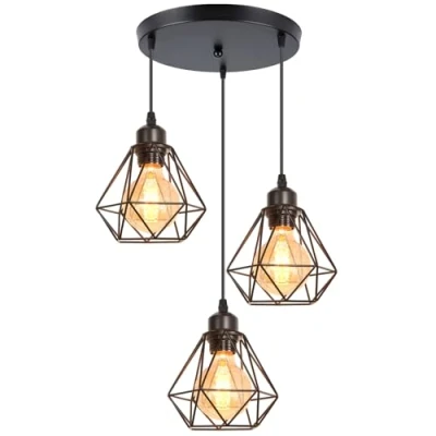 Imagen de iDEGU 3 Luces Lámpara Techo Industrial Iluminación Colgante E27 de Diseño Jaula Metal Luz para Comedor, Sala, Restaurante, Bar, Cafetería, 16CM, Negro