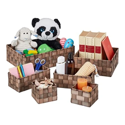 Imagen de Relaxdays Cestos Almacenaje, Set de 6, 4 Tamaños, Plástico Estilo Madera, Tejidos, Estantes y Armarios, Color Marrón, Poliéster