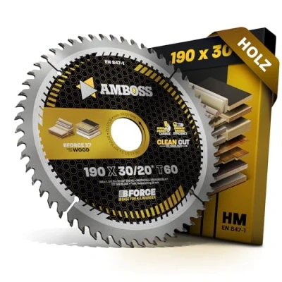 Imagen de Hoja de sierra circular HM 190 x 30 20 Z60 dientes alternos para batería madera corte muy fino. AMBOSS WERKZEUGE® mm + anillo reductor mm. compatible