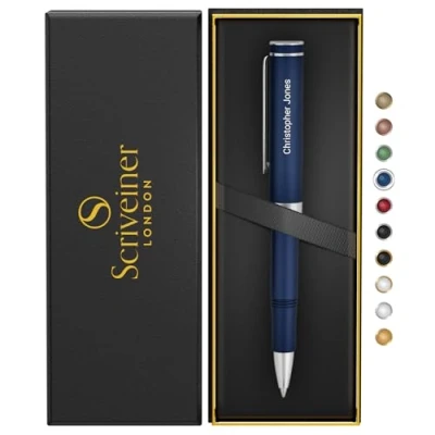 Imagen de Scriveiner Bolígrafo rollerball azul, elegante y compacto con acabado en cromo. Escritura suave personalizable grabado de nombre. Regalo ideal para hombres mujeres