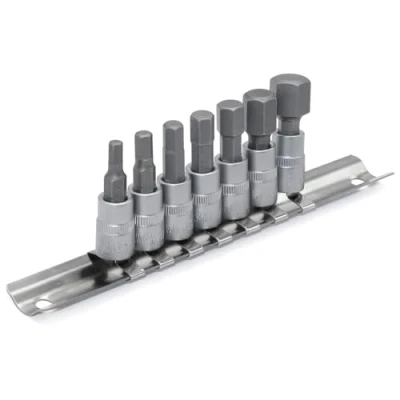 Imagen de DAKCOS 1/4&quot; Juego de 7 Llaves Vaso Hexagonales Métricas 4mm 12mm, Kit Vasos Cr V Broca Acero Aleación S2