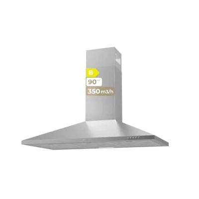 Imagen de EVVO Campana Extractora CE25 Pyramid, Ancho 90 cm, Inox, 350 m3/h, 3 Velocidades, Luz LED, Filtro Carbón Activo, Acabado Eficiencia Energetica B