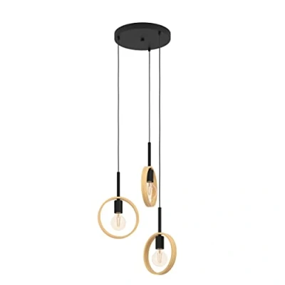 Imagen de Eglo lámpara de suspensión Ipsden, 3 luces minimalista, iluminación madera al natural y metal en negro, luz salón colgante, casquillo E27