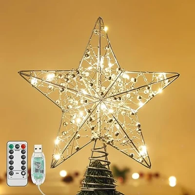Imagen de Lewondr Adornos para Copa del Árbol, 28CM Estrella Árbol de Navidad con Cuentas, 8 Modos Luces por USB Mando a Distancia &amp; Temporizador, Decoración Navideña Hogar, Plata