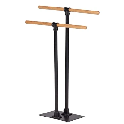 Imagen de WENKO Toallero negro Forli, soporte para toallas, baño con 2 brazos de acero lacado negro, acabado mate estilo industrial, bambú sostenible, 60 x 77,5 20 cm, negro/natural