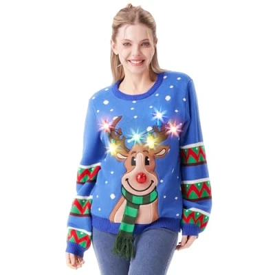 Imagen de JOYIN Suéter feo de Navidad con luces LED para mujer, diseño reno bombillas integradas, Azul, S