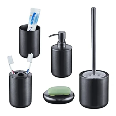 Imagen de Relaxdays 5 tlg. Badezimmer Set Edelstahl Accesorios Baño Partes, Utensilios Acero INOX. Cepillado, Juego Completo de Complementos, Moderno, Antracita, Inoxidable