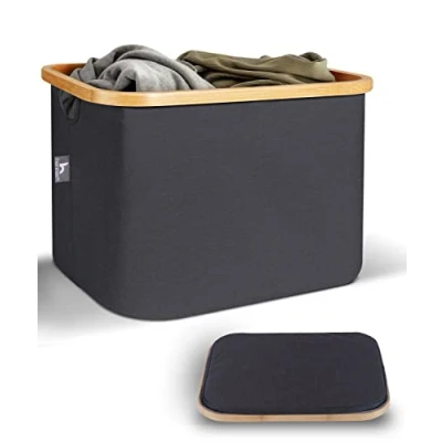 Imagen de Hennez Cesta Almacenaje Plegable para Estantería Kallax Ikea 40L Gris Cubo Cesto Ropa Sucia Bambú Cestas de Organizadoras Cajas Decorativa Tela Colada