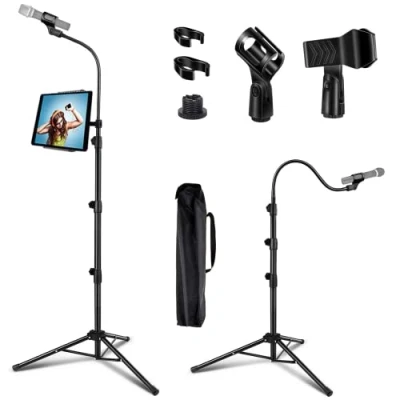 Imagen de LIUGAST soporte de micrófono portátil con para teléfono, trípode cuello cisne ajustable 0,9 a 1,8 m, 2 clips estándar, negro