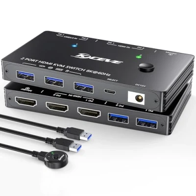 Imagen de Conmutador KVM HDMI 8K@60Hz/4K@120Hz, 2.1 Switch para 2 ordenadores que comparten 1 monitor y 3 dispositivos USB 3.0, mando a distancia por cable incluido