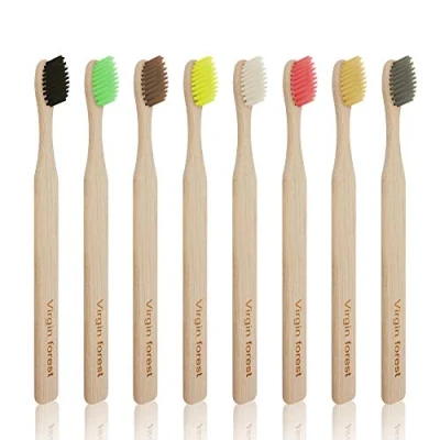 Imagen de Virgin Forest 8 cepillos de dientes bambú, suaves sin BPA, naturales, ecológicos, biodegradables, el mejor juego madera viaje, para encías sensibles