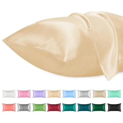 Imagen de Lirex 2 Paquetes Funda Almohada Seda, Microfibra de Color Sólido Suave Sin Arrugas Resistente a la Decoloración Respirable (40x60 cm, Champán)