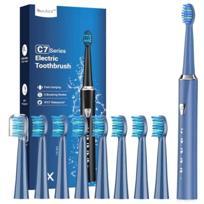 Imagen de Cepillos de Dientes Electricos Sónico Adultos con 8 Cabezales Cepillo Electrico y Infantil, 5 Modos, IPX7, Una Carga por 120 Días Uso, Dientes, Mineral Blue