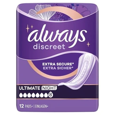 Imagen de Always Discreet Compresas para incontinencia Plus Ultimate Night 48 (4 x 12 unidades) mujer, El embalaje puede variar