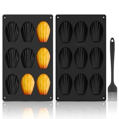 Imagen de GlasFlength Molde Madeleine Silicona, 2 Piezas 9 Cavidades Moldes de Silicona para Madeleines con Cepillo Galletas Chocolate Caramelo Puddin (Negro)