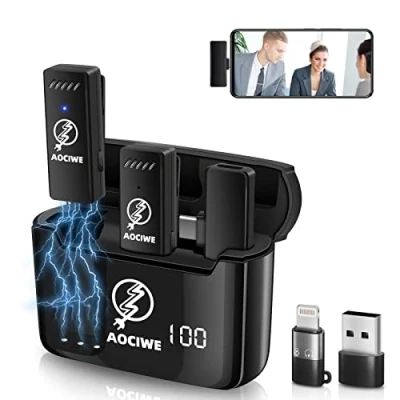Imagen de AOCIWE Micrófono Inalámbrico Lavalier 2 Emisores de y 1 Receptor, Estuche Carga para Pantalla Digital, iPad, Youtube Zoom Otras Grabaciones Vídeo en Directo