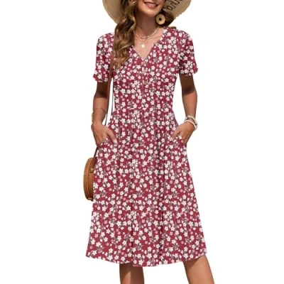 Imagen de AUSELILY Vestido Verano Manga Corta Mujer Largo hasta La Rodilla Estilo Imperio Informal con Cuello en V Plisado y Bolsillos