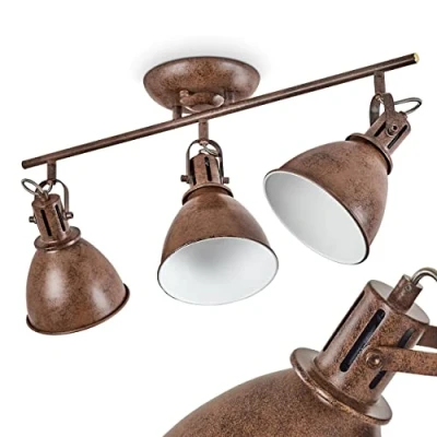 Imagen de lámpara de techo Koppom, metálica en marrón óxido/blanco, 3 luces, con focos ajustables, x casquillo E14, foco diseño retro/vintage, sin bombilla(s)