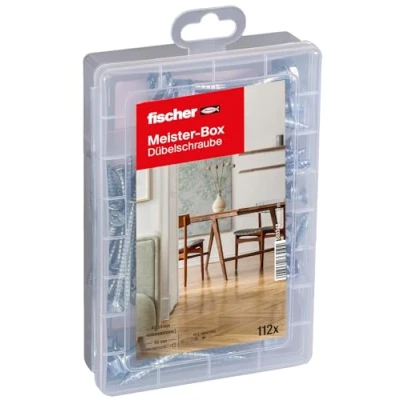 Imagen de fischer 553348 Meister BOX juego de tornillos para tacos, surtido preclasificado con 112 tornillos, apto muchos, tacos (DUOPWER y DUOBLADE), universal fijación