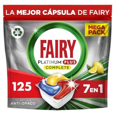 Imagen de Fairy Platinum Plus Todo en 1, Pastillas Lavavajillas, 125 Capsulas Limpieza Profunda y Extra Brillo, Fragancia Limon
