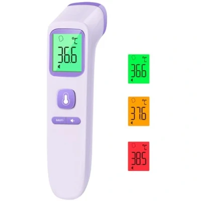 Imagen de termómetro febril sin contacto, de frente con lecturas precisas instantáneas, alarma fiebre, pantalla LCD y 35 recuperaciones memoria, infrarrojo digital para niños