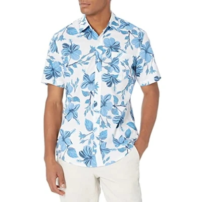 Imagen de Amazon Essentials Camisa de Corte Ceñido con Mangas Cortas, Botones y Estampado Hombre, Azul Floral, XS
