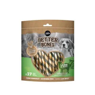 Imagen de BetterBones Bocadillo masticable Suave para Perros sin Piel cruda, torceduras envueltas con Cordero y Menta, 12,5 cm, 27 Unidades