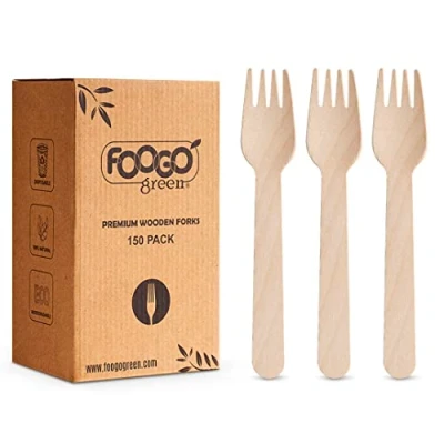 Imagen de FOOGO Green 150 juegos de Cubiertos Madera Desechables, Cucharas, Tenedores, Cuchillos, 16 cm, Compostables, Juego Cucharas Cubiertos, Ideal para Bodas, Picnics, Fiestas y Catering