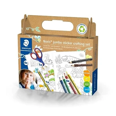 Imagen de STAEDTLER Set de pegatinas para pintar y manualidades Noris jumbo, horas diversión, 6 lápices colores jumbo en surtidos, lápiz tijeras