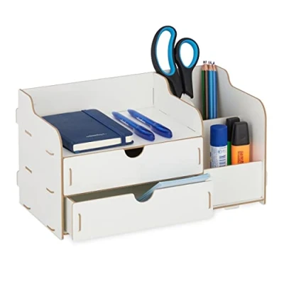 Imagen de Relaxdays Organizador Escritorio Cajones y Compartimentos, Portalápices, 17 x 33 19 cm, Caja Oficina, Color Blanco, Tablero de Fibras