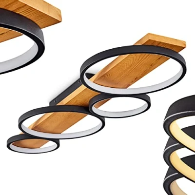 Imagen de lámpara de techo LED Rodekro, regulable metal/madera en negro/naturaleza, regulable, con elemento madera, 1 x 44 vatios, 3000 K, 5100 lúmenes