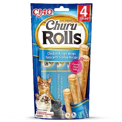 Imagen de INABA Churu Rolls Chicken, Tuna &amp; Scallop Snacks para Gatos Premios Saludables Deliciosas Golosinas Cremosas Pequeña y Práctica Porción Sabor Pollo, Atún Vieira 4x10g Comida Mascotas