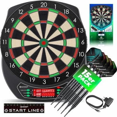 Imagen de KESSER® Set Profesional de Diana electrónica con 15 Dardos + 35 Plumas Pro 100 Puntas Flecha Accesorios para 1 a 8 Jugadores
