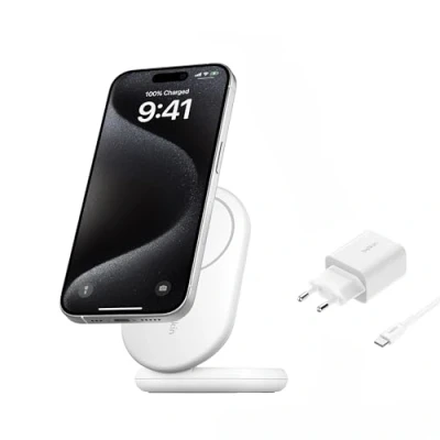 Imagen de Belkin BoostCharge Cargador con Qi2, Soporte magnético de Carga inalámbrica Compatible MagSafe y Standby 15 W, rápido portátil, iPhone 16, 15, 14 13, Fuente alimentación, Blanco