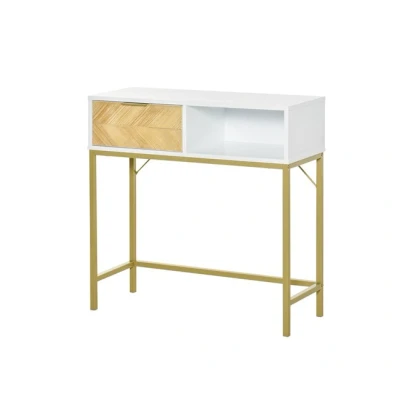 Imagen de HOMCOM Mesa Consola con Cajón y Estante Abierto Estilo Moderno Mueble Recibidor para Pasillo Entrada Sala de Estar 80x30x80,5 cm Blanco Dorado
