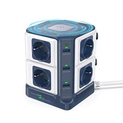 Imagen de BESTEK Regleta de protección contra sobretensiones con Cargador inducción Qi 10 W, Protector 8 enchufes EU y 6 Puertos USB 2,4 A, multitomas estación Carga