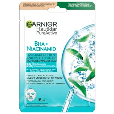 Imagen de Garnier Mascarilla facial para pieles grasas, antiimpurezas, fórmula con aceite de árbol té y ácido salicílico, transparente activo, 23 g