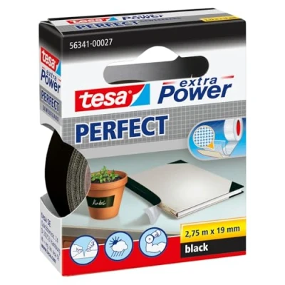 Imagen de tesa Extra Power Perfect Cinta de Reparación Reforzada en Tela para Confeccionar, Reparar, Fijar, Reforzar y Etiquetar Negra 2.75 m x 19 mm