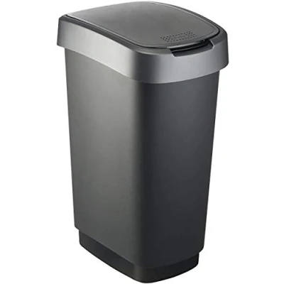 Imagen de Rotho Twist Cubo de Basura 50l, Puede ser Usado como Tapa abatible o con bisagras, Plástico (PP) sin BPA, Negro/Gris Plateado, 50 L (40.1 x 29.8 60.2 cm)